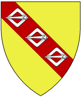 Or, on a bend gules three lozenge shaped buckles argent.
